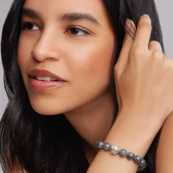 Shop Black Jade Silver Station Bead Bracelet Silver