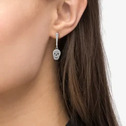 Clearance Caviar Beaded Skull Drop Earrings Silver