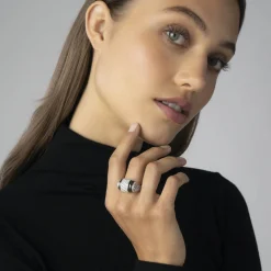 New Ceramic Caviar Diamond Statement Ring Silver