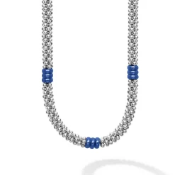 New Ceramic Three Bead Station Caviar Necklace Two-Tone