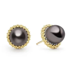 Hot 18K Gold Tahitian Black Pearl Stud Earrings Two-Tone