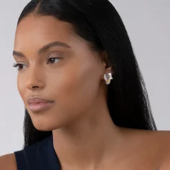 Online Large White Topaz Huggie Earrings Two-Tone