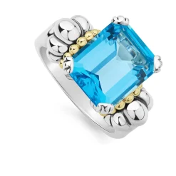 Cheap Medium Emerald-Cut Swiss Blue Topaz Ring Caviar Rings