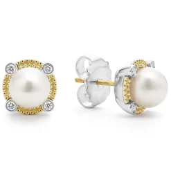 Clearance Pearl Diamond Stud Earrings Two-Tone