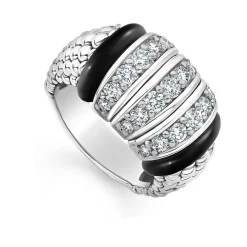 Clearance Three Station Ceramic Caviar Diamond Ring Silver