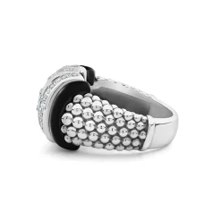 Clearance Three Station Ceramic Caviar Diamond Ring Silver