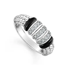 Cheap Three Station Diamond Ceramic Caviar Ring Silver