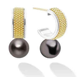 Fashion Two-Tone Tahitian Black Pearl Hoop Earrings Two-Tone